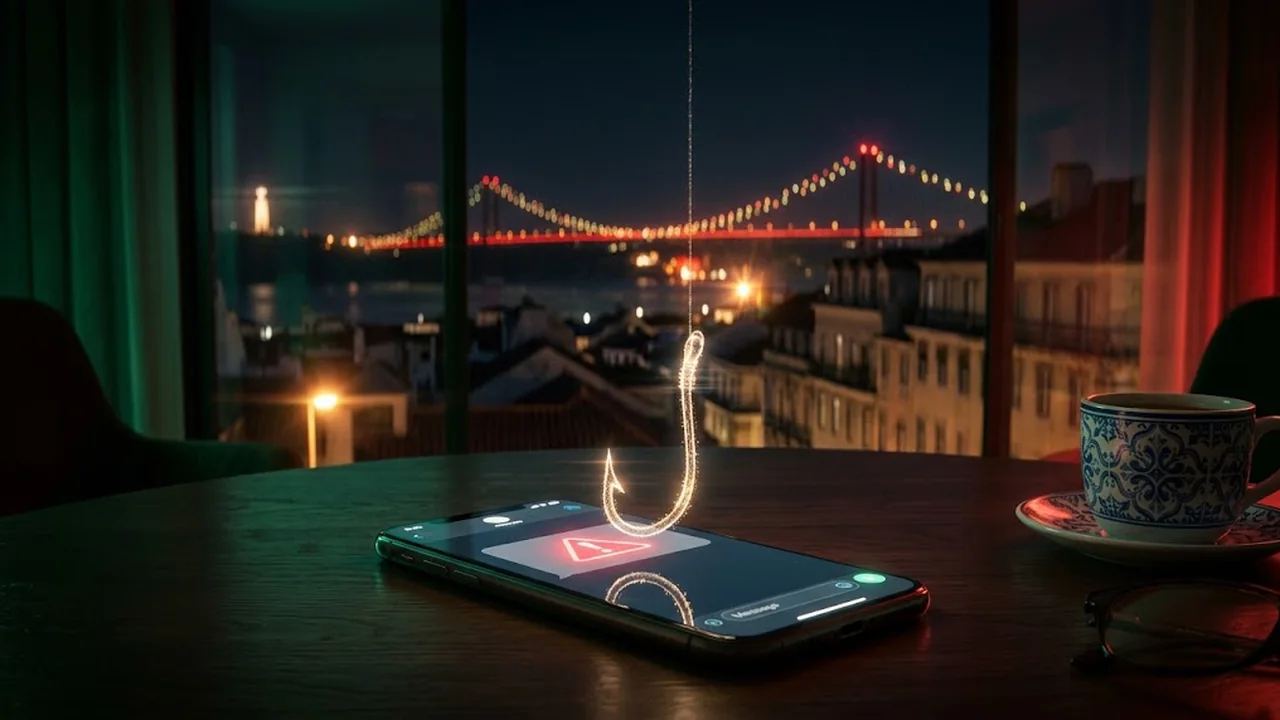Telemóvel com mensagem suspeita, triângulo vermelho de aviso e anzol de luz.