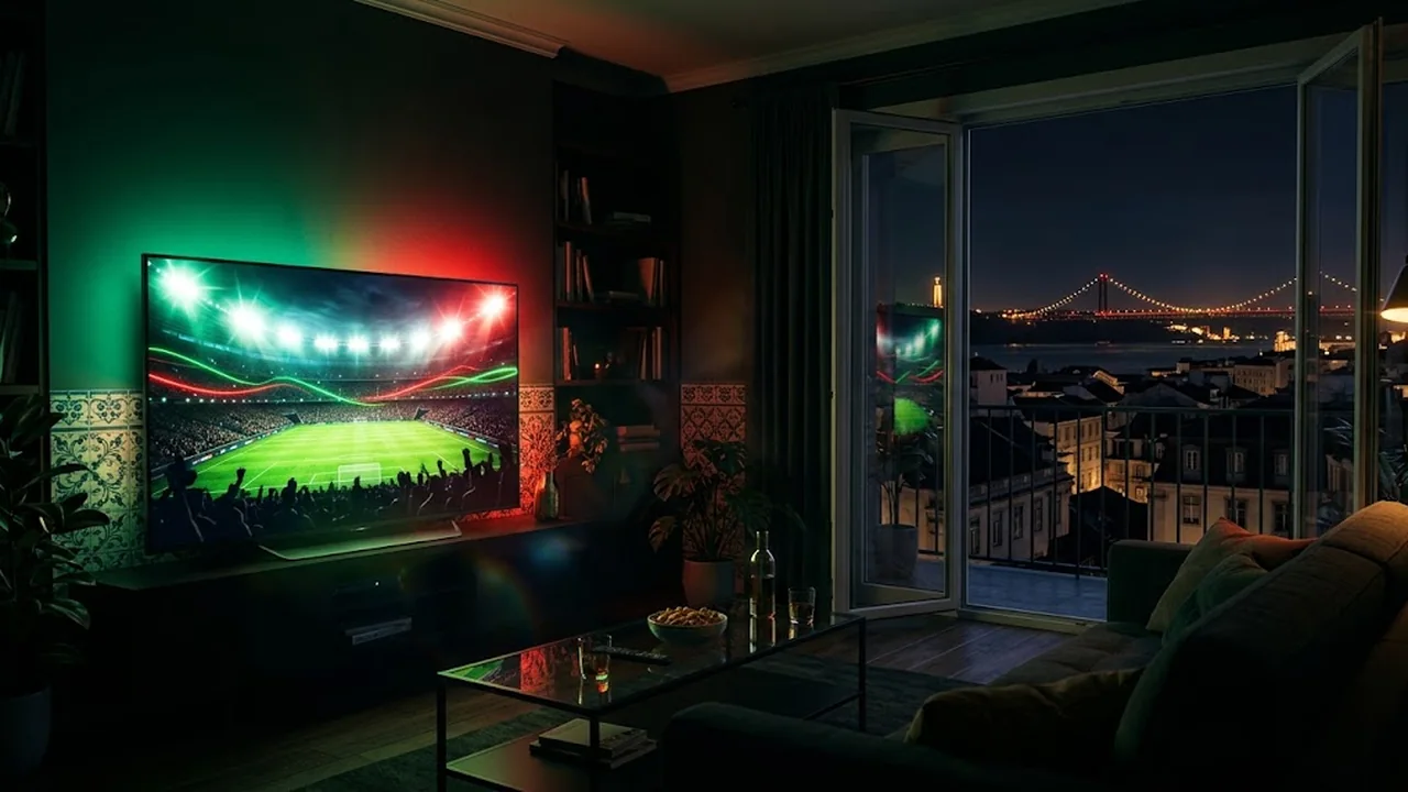Sala à noite com um estádio de futebol iluminado na televisão.