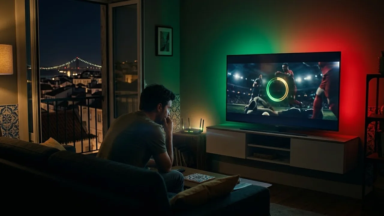 Televisão com a imagem parada e um anel de carregamento, e o router a piscar.