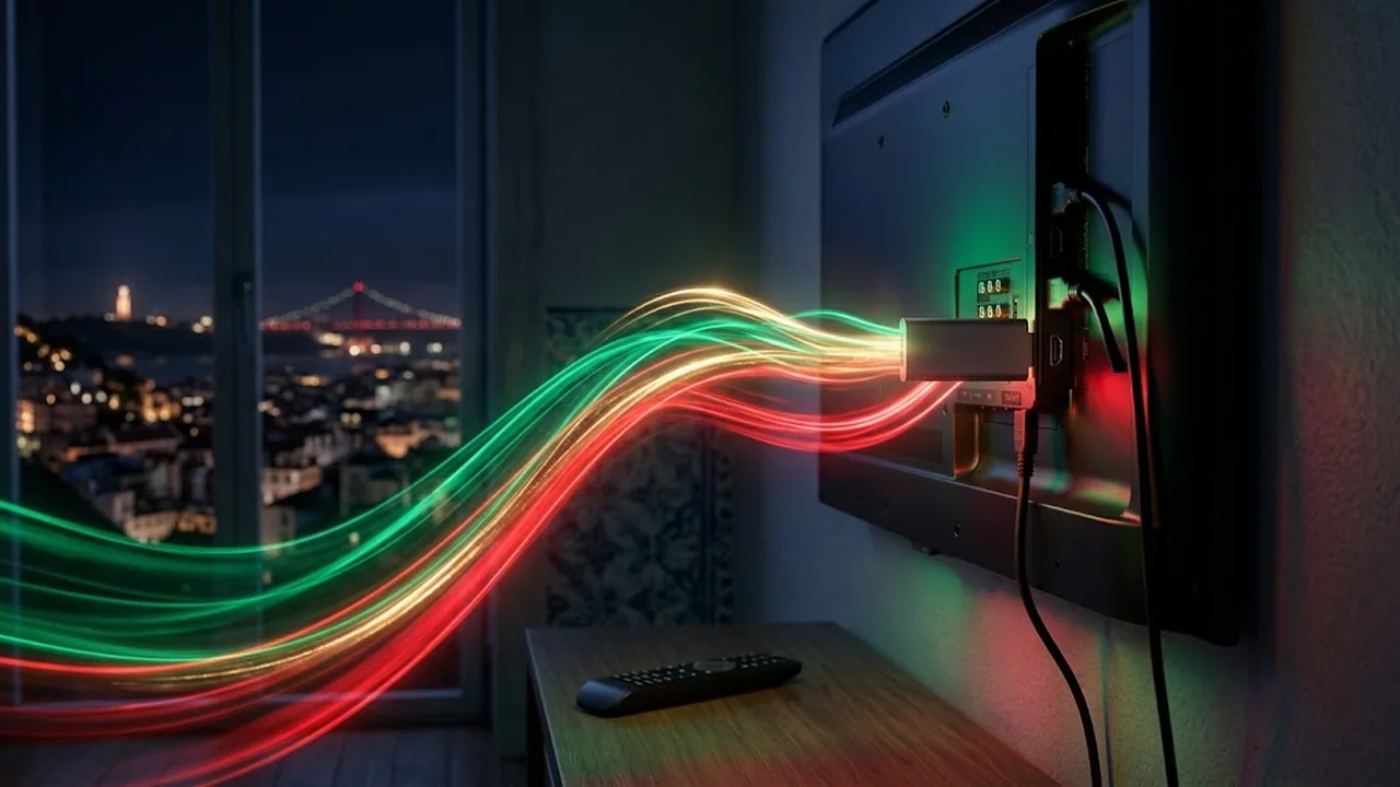 Stick de streaming ligado à televisão, com rastos de luz verde e vermelha.
