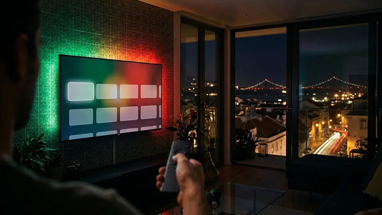 Smart TV moderna numa sala em Lisboa a mostrar uma grelha de aplicações luminosas.