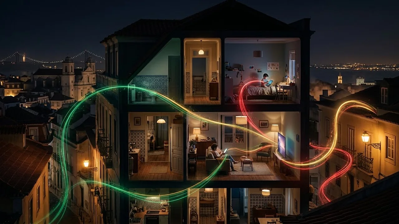 Casa em Lisboa com televisão, tablet e telemóvel ligados por fios de luz.